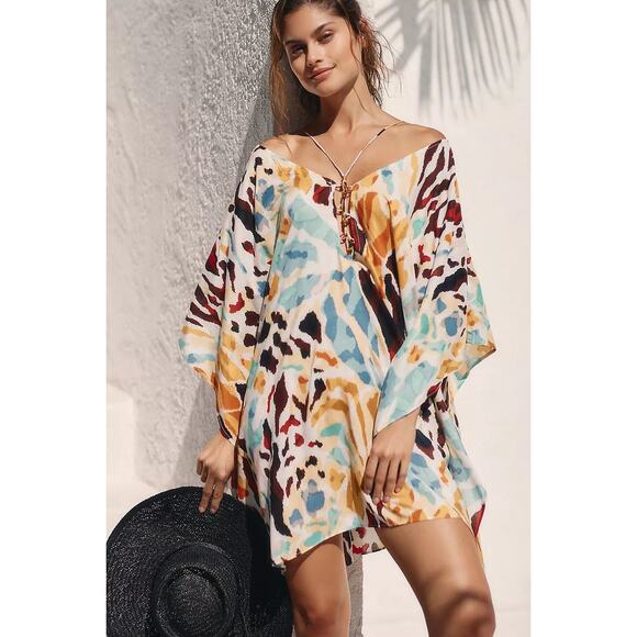 Anthropologie Printed Stappy Beaded Neck Tie Oversized Beach Mini Coverup Dress - Picture 4 of 14